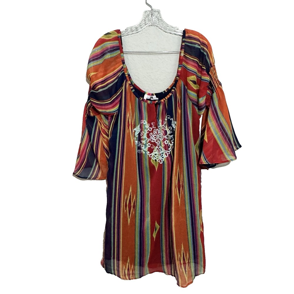 Rancho Est. 1977 Women Large Cotton Boho Ikat‎ Stripe Bell Sleeve Tunic Top